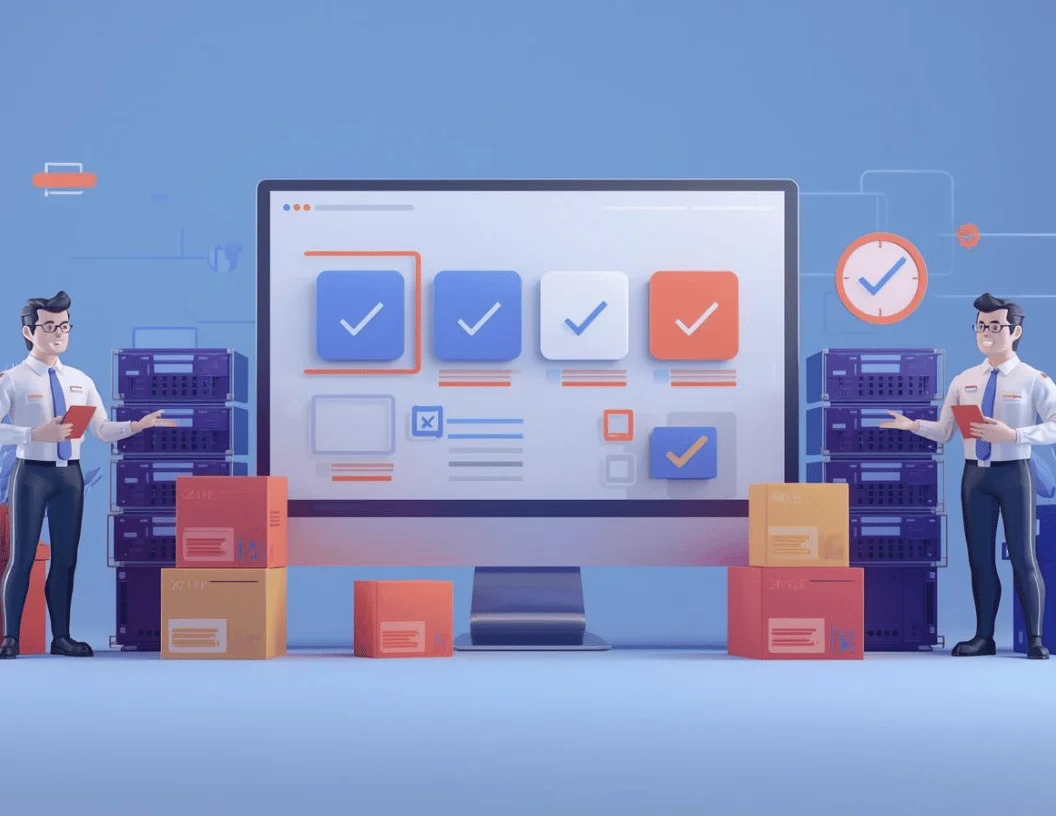 Vektorillustration zur Hardware- und Software-Miete mit Computern, Cloud-Symbolen und digitalen Elementen.