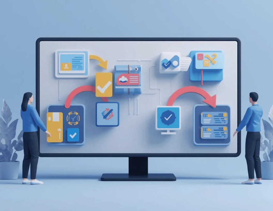 Vektorgrafik mit zwei Figuren, Laptop und Symbolen für Hosting sowie Patch- & Update-Service
